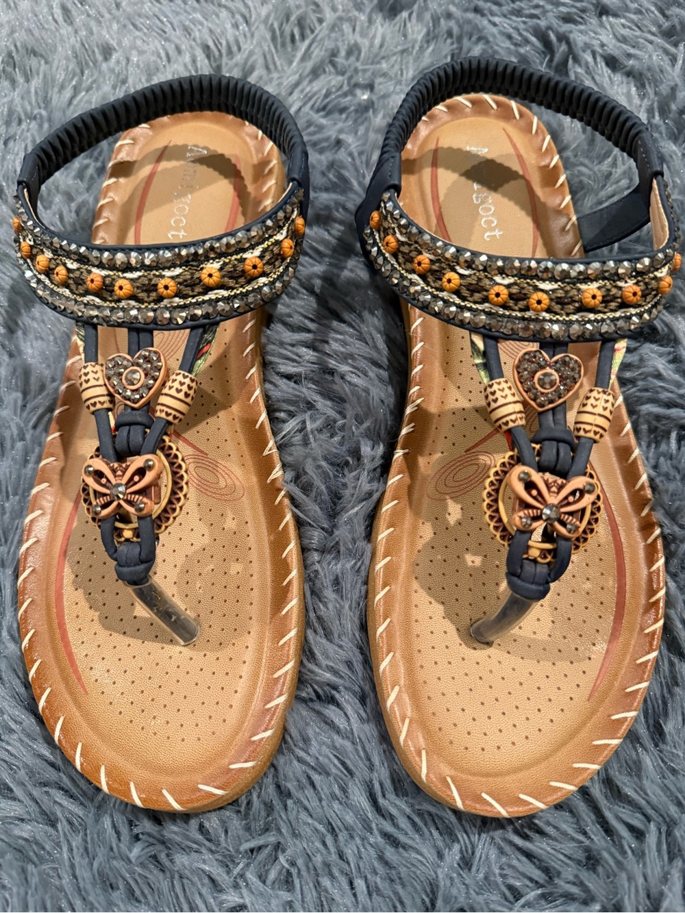Beaded Navy and Tan T-Strap Women’s Sandals